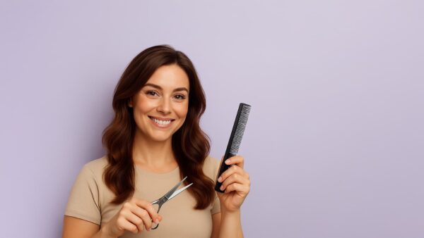 Vriendelijke kapper met bruine golvende haren die glimlacht terwijl ze een schaar en kam vasthoudt, klaar om het haar van een klant te stylen.