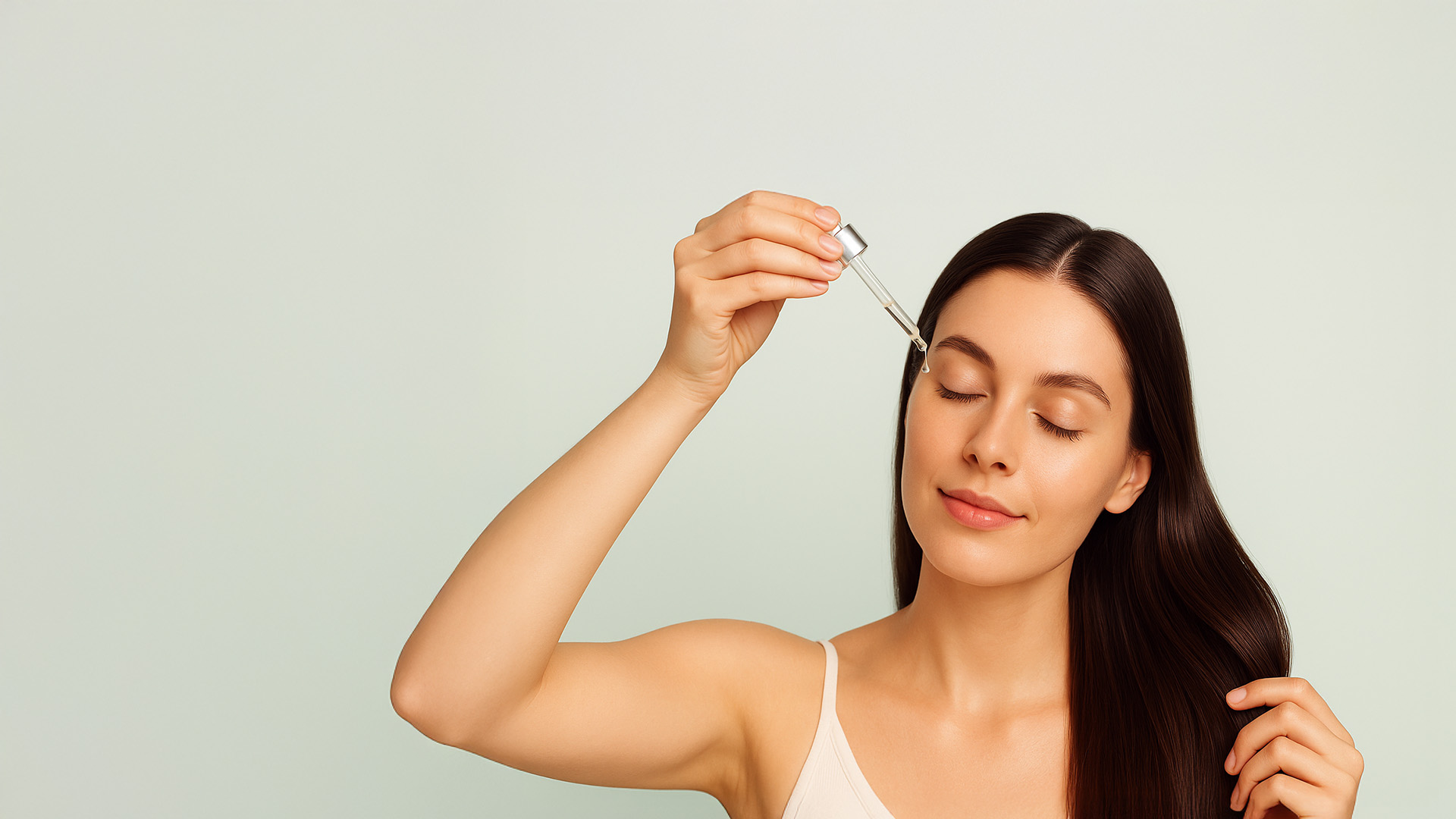 Vrouw met gesloten ogen brengt serum aan op de hoofdhuid met een pipet, symbool voor scalp detox en gezonde haarverzorging.