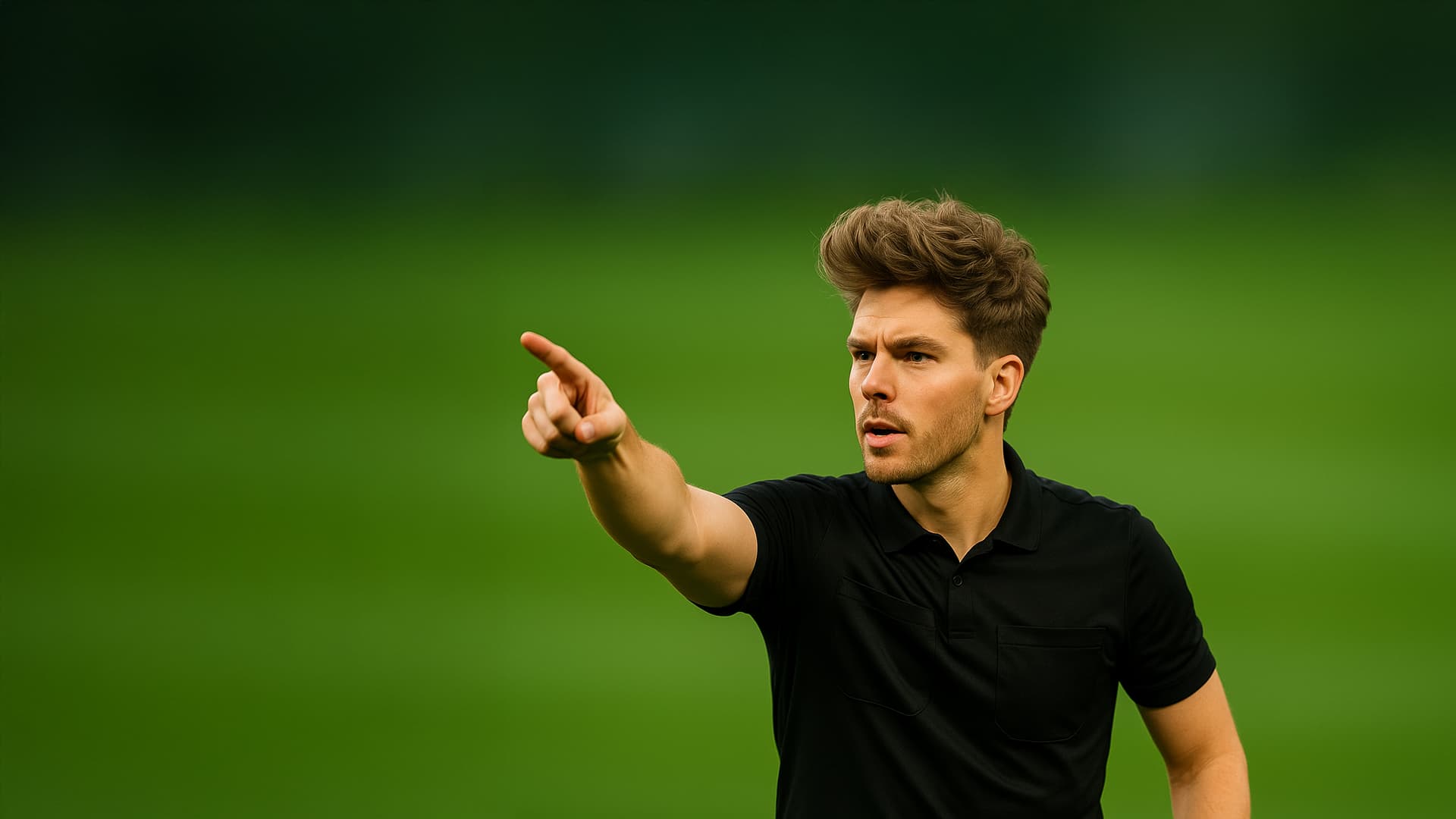 Scheidsrechter Danny Makkelie tijdens een voetbalwedstrijd, wijzend op het veld, met zijn nieuwe fluffy kapsel dat social media deed ontploffen.