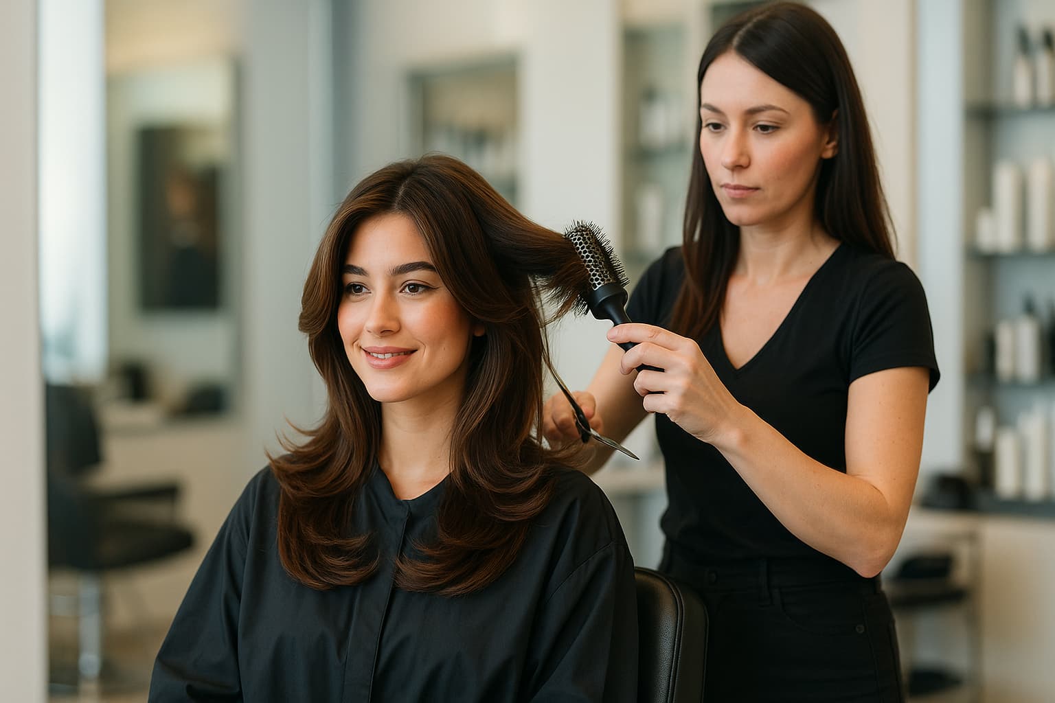 Kapster knipt een butterfly cut bij een jonge vrouw in een moderne kapsalon, met luchtige gelaagde lagen die rond het gezicht vallen en langer over de schouders doorlopen.