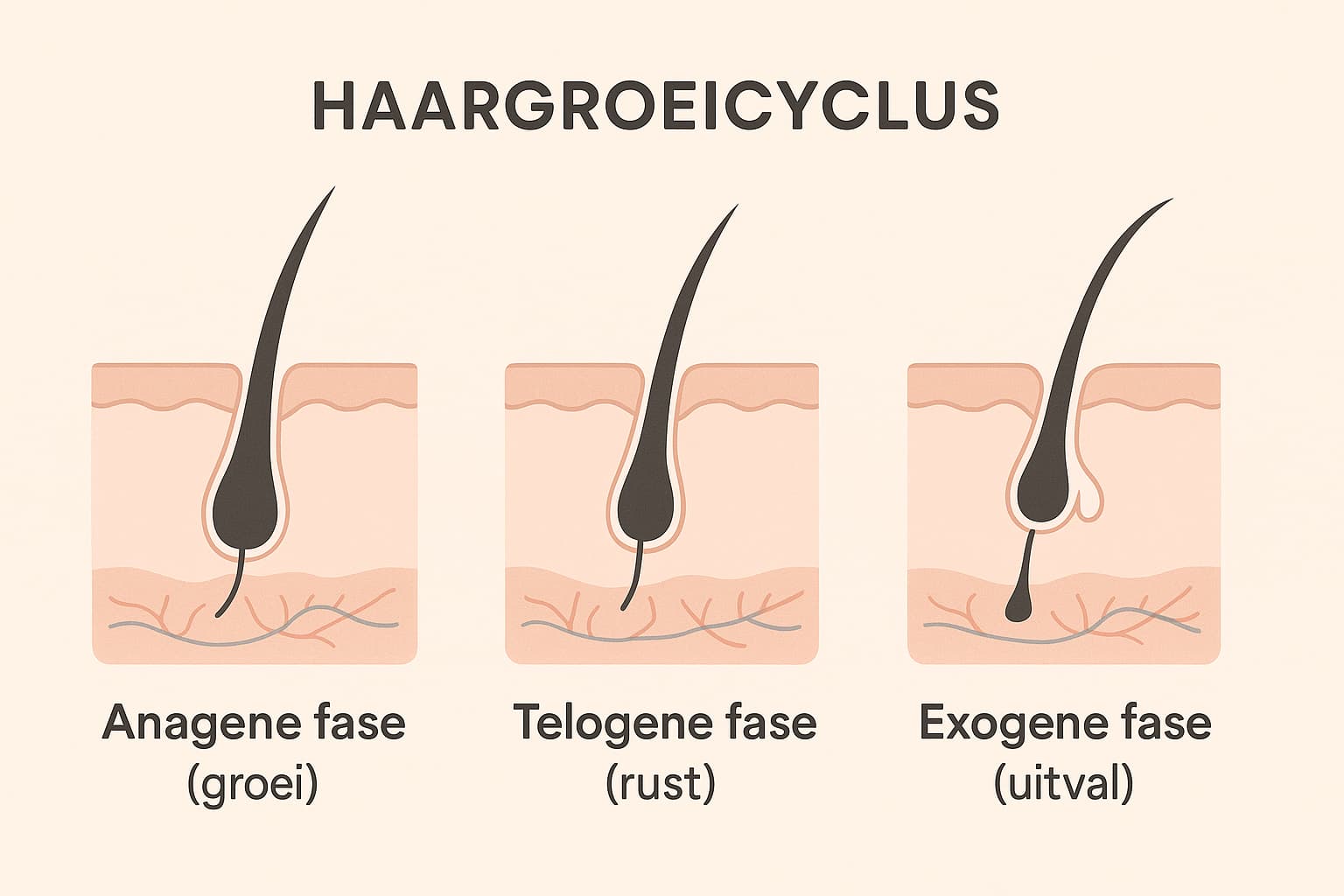 Infographic van de haargroeicyclus met drie fases: anagene fase (groei), telogene fase (rust) en exogene fase (uitval), weergegeven in minimalistische illustraties met zachte kleuren.