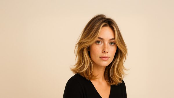 Vrouw met een lange bob (lob) kapsel in zachte lagen tot op de schouders, natuurlijk gestyled en gefotografeerd tegen een beige achtergrond – dé veelzijdige haartrend van 2025.