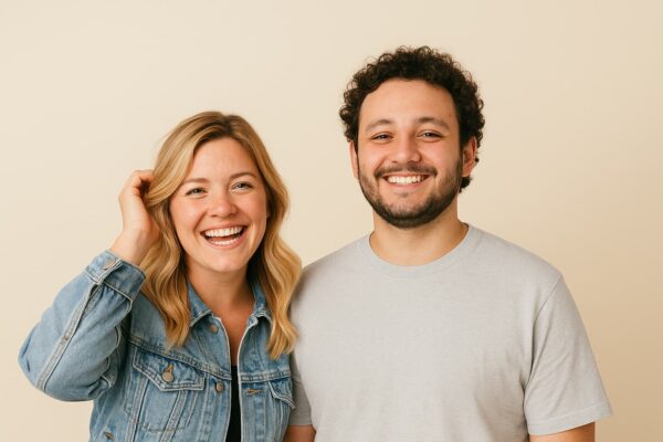 Stralend jong stel dat samen poseert tegen een zachte beige achtergrond. De vrouw met golvend blond haar en spijkerjack raakt haar haar aan, terwijl de man met donker krullend haar en een getrimde baard een lichtgrijs T-shirt draagt. Beiden lachen ontspannen en tonen gezond haar.