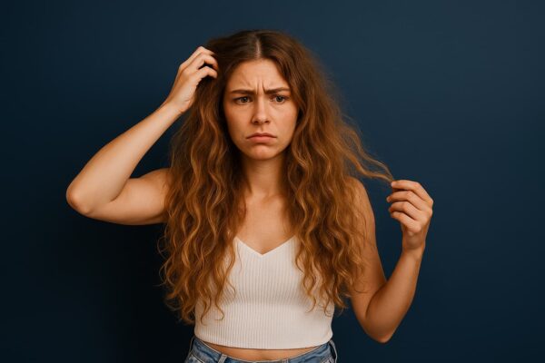 vrouw met droog haar dat dof en pluizig oogt