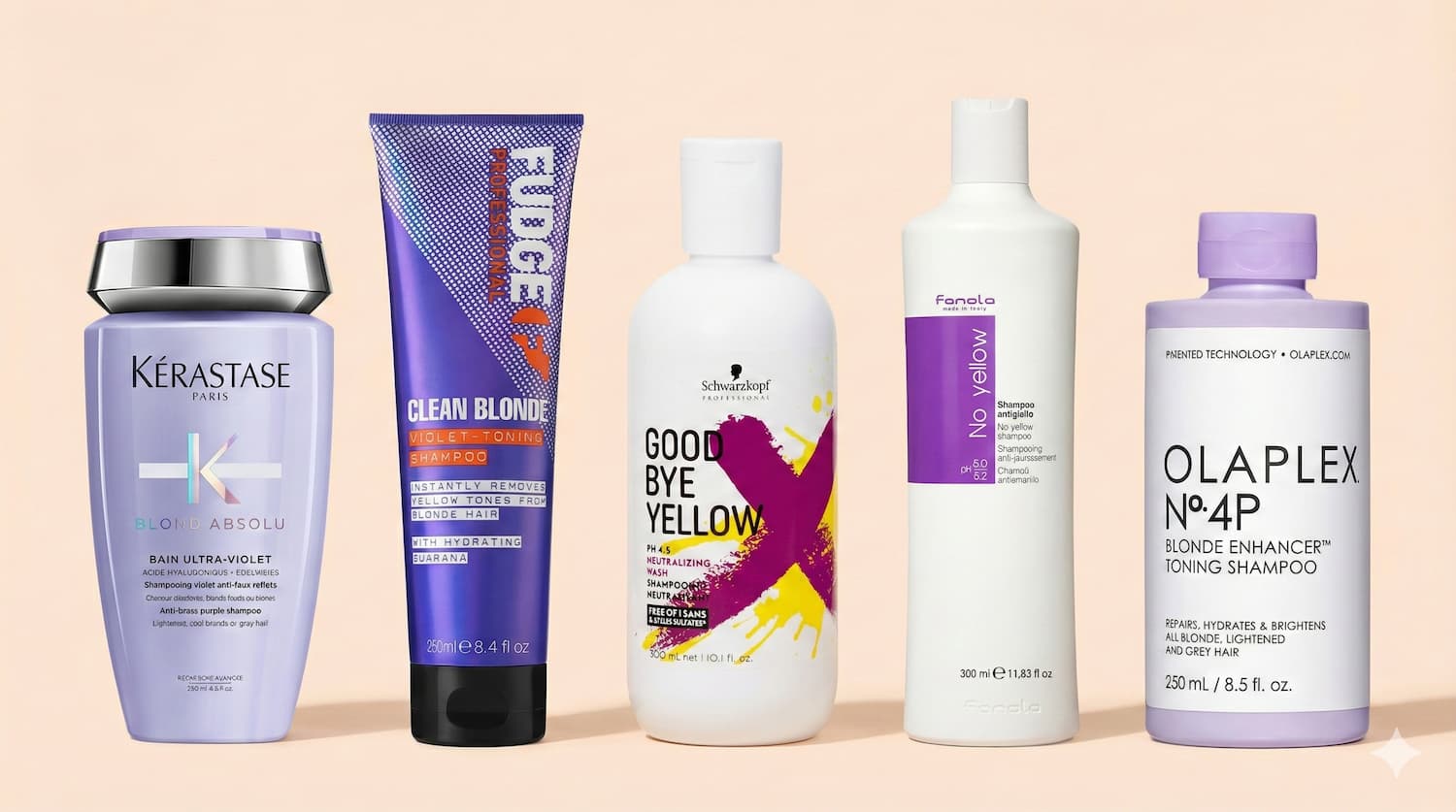 De 5 beste paarse shampoos op een rij: Kérastase Blond Absolu, Fudge Clean Blonde, Schwarzkopf Good Bye Yellow, Fanola No Yellow en Olaplex No.4P.