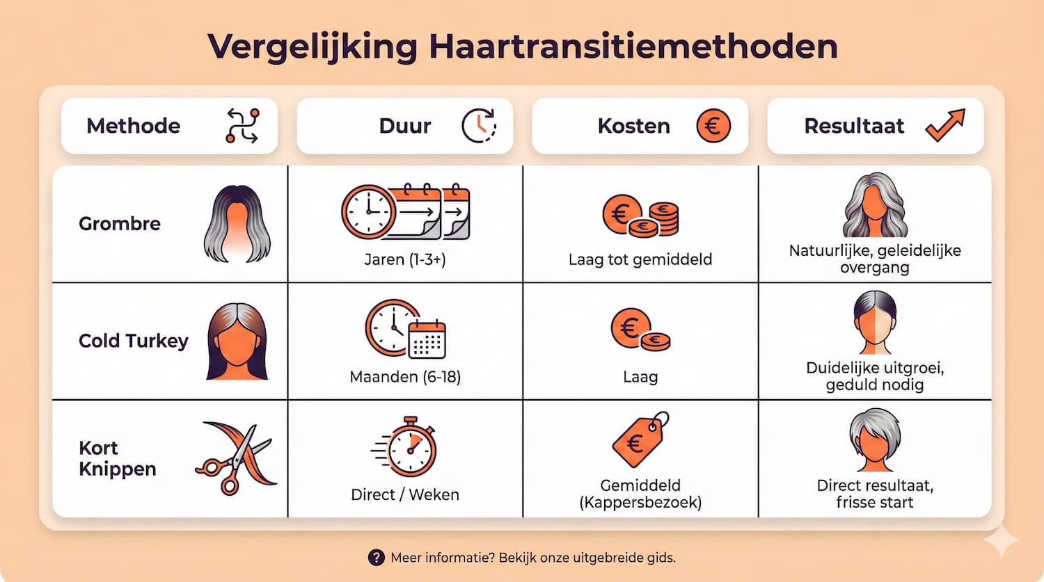 Vergelijkingstabel infographic over methoden om grijs haar uit te laten groeien. De tabel toont vier kolommen: Methode, Duur, Kosten en Resultaat. De vergeleken methodes zijn Grombre, Cold Turkey en Kort Knippen, weergegeven in een modern design met paarse en oranje iconen.