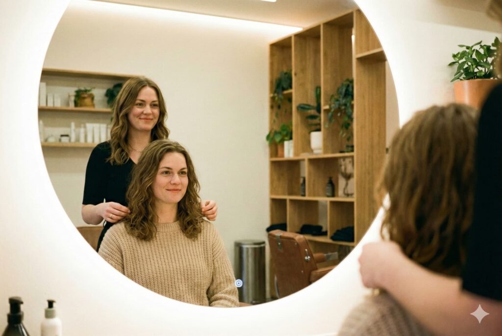 Een kapper en klant maken vriendelijk oogcontact via de spiegel en glimlachen geruststellend naar elkaar in een comfortabele stilte.