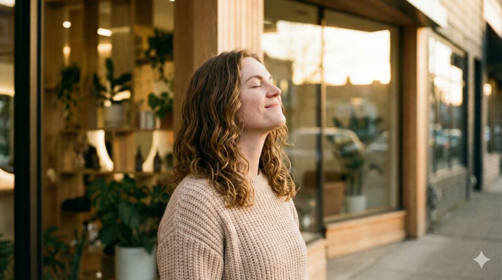 Een vrouw staat buiten in het zonlicht, haalt diep adem en ziet er opgeladen en gelukkig uit met haar nieuwe kapsel na een prikkelarme behandeling.