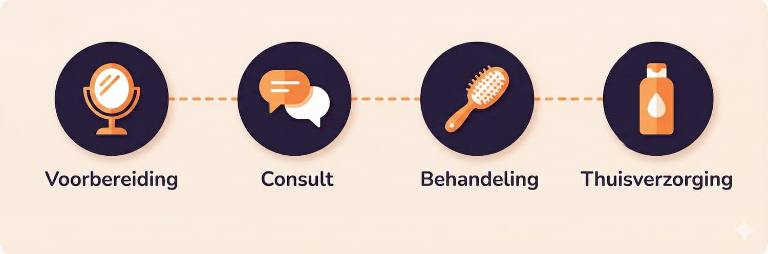 Een horizontale infographic die het proces van een haarbehandeling in vier stappen weergeeft, verbonden door een oranje stippellijn. De stappen zijn: 1. Voorbereiding (icoon van een spiegel), 2. Consult (icoon van tekstballonnen), 3. Behandeling (icoon van een haarborstel), en 4. Thuisverzorging (icoon van een shampoofles). De stijl is vlak en modern in donkerpaars en oranje