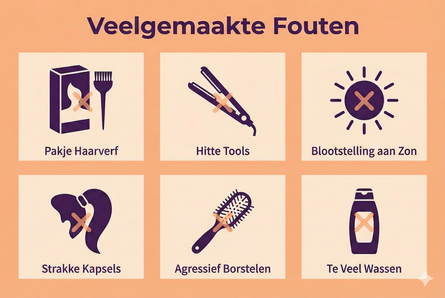Educatieve infographic met de titel "Veelgemaakte Fouten" over de verzorging van grijs haar. Een raster van zes donkerpaarse iconen op een perzikkleurige achtergrond toont wat je moet vermijden: pakjesverf, hete stylingtools zoals stijltangen, blootstelling aan de zon, strakke kapsels, agressief borstelen en te vaak wassen. Elk icoon is gemarkeerd met een subtiel oranje kruis.