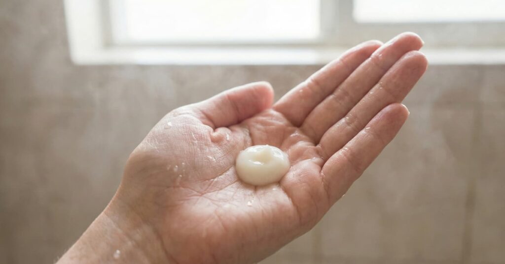 Close-up van een natte hand met een kleine hoeveelheid romige conditioner, die toont hoeveel je nodig hebt voor hydratatie tegen statisch haar.