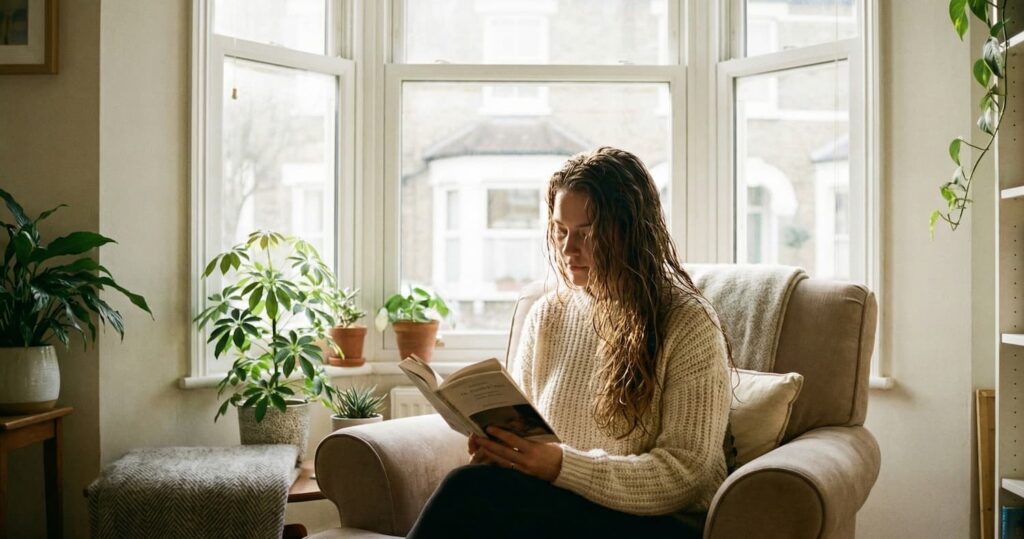 Een vrouw leest ontspannen een boek bij het raam terwijl ze haar vochtige haar aan de lucht laat drogen om hittebeschadiging en statisch haar te voorkomen.