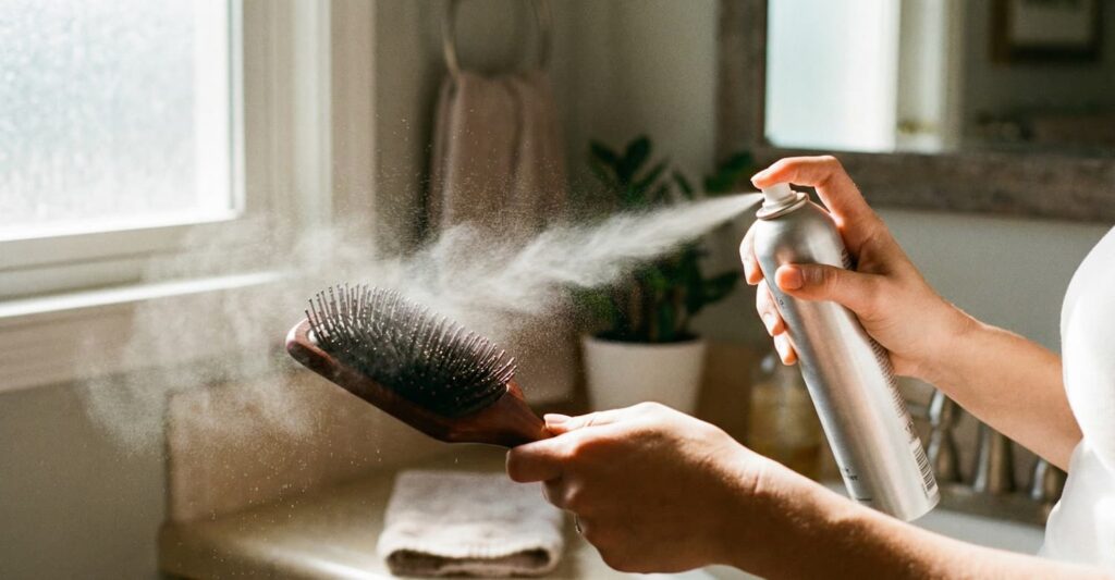 Close-up van handen die haarlak op een houten haarborstel sprayen als tip om statisch haar te voorkomen