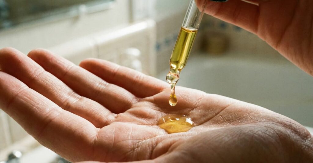 Close-up van een glazen pipetje dat twee gouden druppels haarolie op een handpalm laat vallen, de juiste dosering om droog en statisch haar te verzorgen.