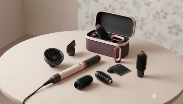 Dyson Airwrap Complete multistyler met alle opzetstukken uitgestald op witte achtergrond