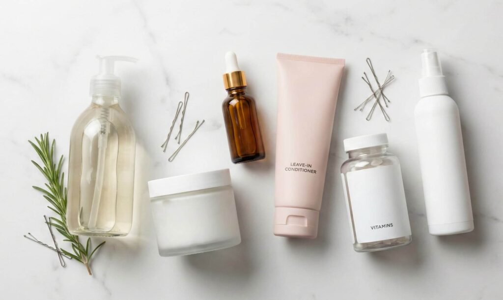 Collectie haarverzorgingsproducten voor haaruitval: shampoo, haarmasker, olie en supplementen