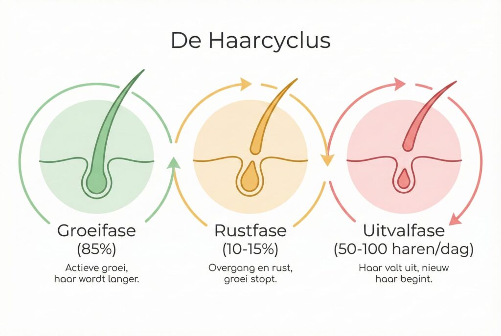 Infographic die de drie fasen van de haarcyclus toont: groeifase, rustfase en uitvalfase