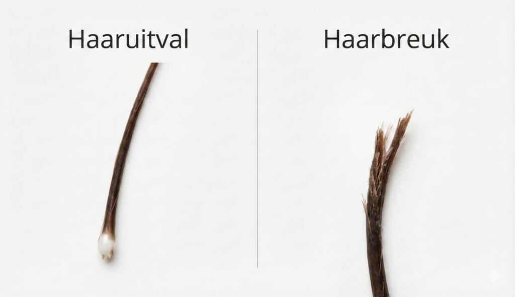 Visuele vergelijking tussen haaruitval met wit wortelbolletje en haarbreuk met afgebroken uiteinde