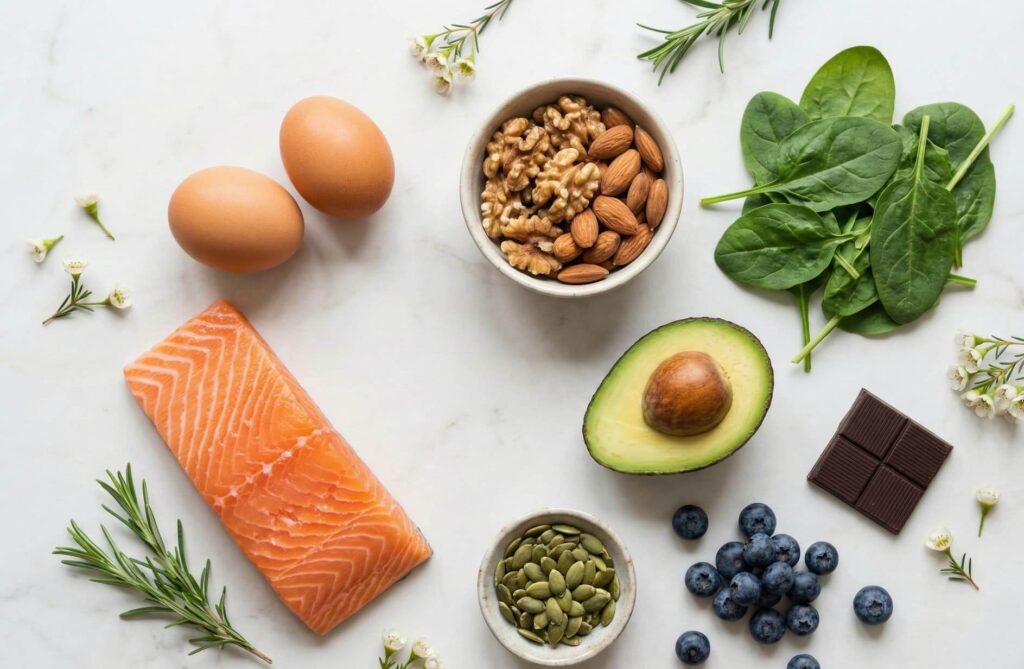 Flatlay van voedingsmiddelen die goed zijn voor je haar: eieren, noten, zalm, spinazie en avocado