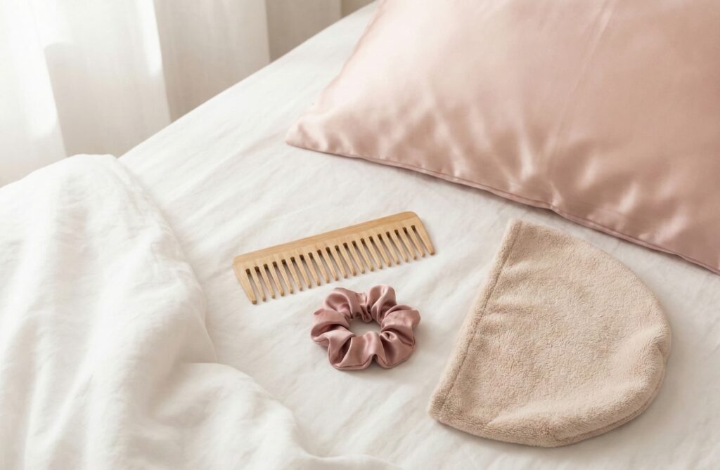 Satijnen kussensloop, brede tandkam en zijden scrunchie op een bed als zachte haarverzorgingsroutine