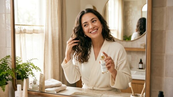 Een glimlachende jonge vrouw in een witte badjas die een haarserum vasthoudt voor een badkamerspiegel.