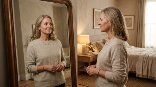 Een elegante oudere vrouw die rustig in een spiegel kijkt in een warm verlichte slaapkamer.
