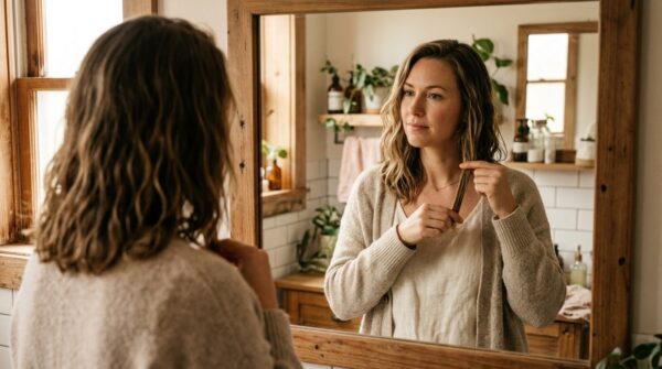 Een vrouw met halflang golvend haar die de lengte van haar haar controleert in een spiegel in een rustieke badkamer.