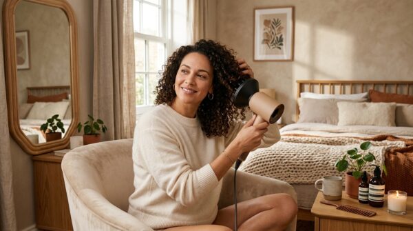 Een vrouw met krullend haar die haar haar föhnt met een diffuser in een sfeervolle slaapkamer.