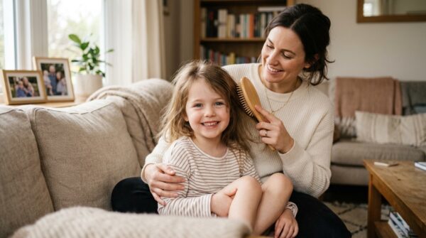 Een glimlachende vrouw die het haar van een jong meisje borstelt op een bank in een lichte woonkamer.