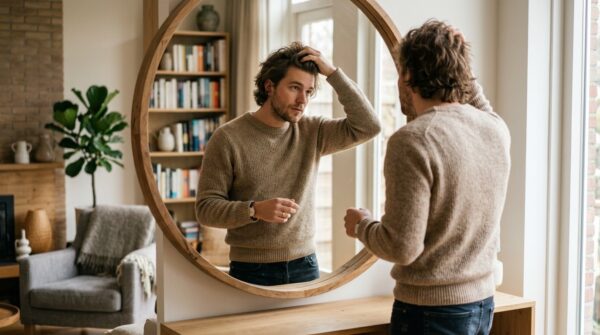 Een jonge man die in een grote ronde spiegel kijkt en door zijn haar strijkt in een modern interieur.