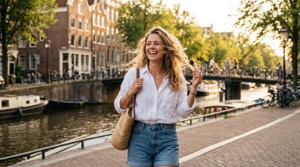 Een lachende vrouw met golvend haar die buiten langs een Amsterdamse gracht wandelt in de warme zomerzon.