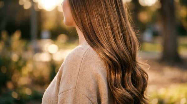 Close-up van de achterkant van een vrouw met lang, gezond en glanzend bruin haar in het warme licht van de ondergaande zon.
