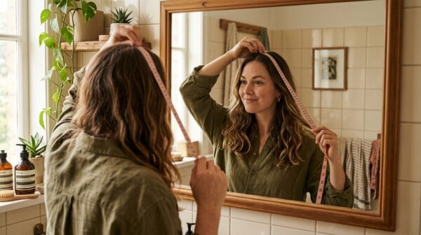 Een jonge vrouw die haar haargroei meet met een roze meetlint voor een badkamerspiegel.