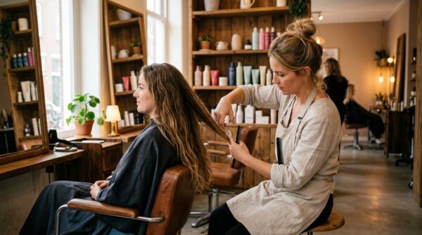 Een kapster die zorgvuldig de punten van het lange haar van een klant bijknipt in een sfeervolle kapsalon.