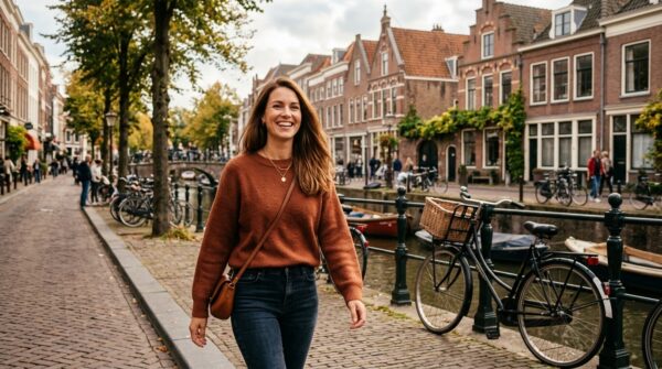 Een glimlachende vrouw met glad en glanzend bruin haar die op een Amsterdamse straat wandelt langs een gracht.