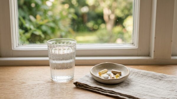Verschillende vitaminesupplementen in een kommetje naast een glas water op een houten tafel bij een raam.