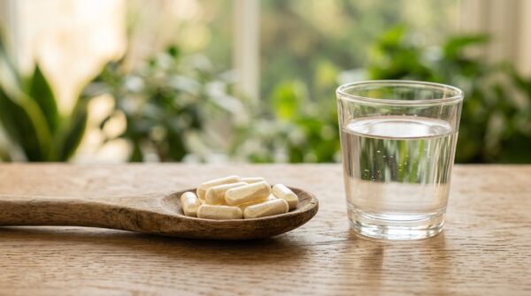 Witte biotine-capsules op een houten lepel naast een glas water op een tafel.