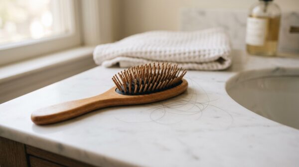 Een houten haarborstel met enkele uitgevallen haren op een marmeren wastafel in een badkamer.