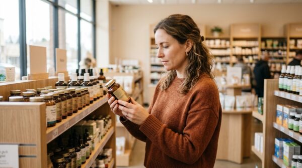Een vrouw die aandachtig het etiket van een potje haarsupplementen leest in een lichte natuurwinkel.