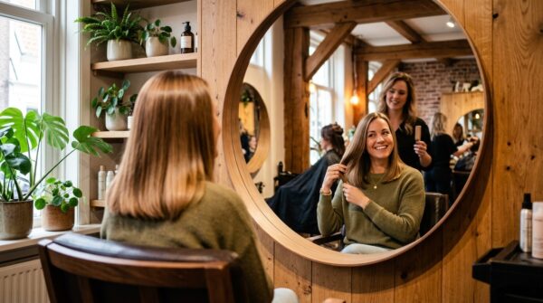 Een glimlachende vrouw die haar gladde haar bewondert in een grote ronde spiegel in een stijlvolle kapsalon.