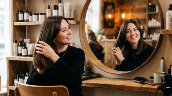 Een tevreden vrouw die haar glanzende bruine haar aanraakt terwijl ze in een spiegel kijkt in een kapsalon.