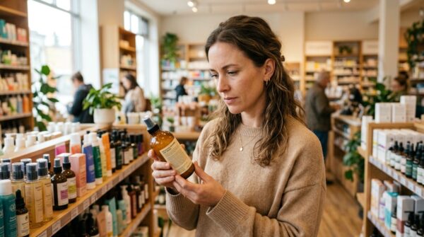 Een vrouw in een winkel die het etiket van een haarverzorgingsproduct bestudeert.