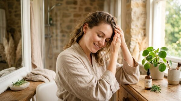 Een glimlachende vrouw in een beige badjas die rozemarijnolie in haar hoofdhuid masseert bij een raam.