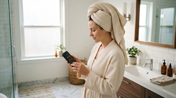 Een vrouw in een badjas met een handdoek om haar haar die op de timer van haar telefoon kijkt in een moderne badkamer.