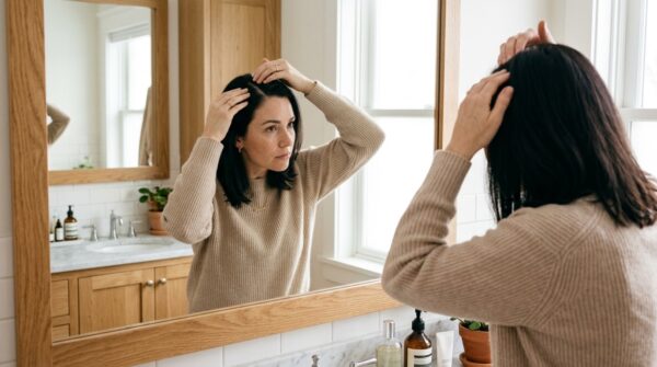 Een vrouw die bezorgd haar scheiding bestudeert in een badkamerspiegel om de gezondheid van haar hoofdhuid te controleren.