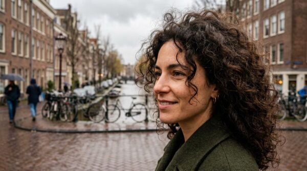 Close-up van het pluizige haar van een vrouw buiten in de vochtige Amsterdamse buitenlucht, met een gracht op de achtergrond.