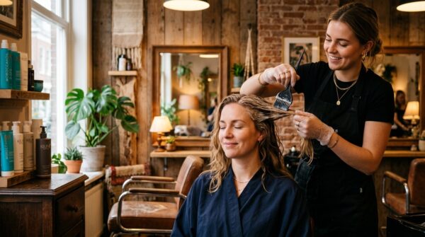 Een kapster in een warme Nederlandse salon brengt zorgvuldig een keratinebehandeling aan op het haar van een ontspannen klant.