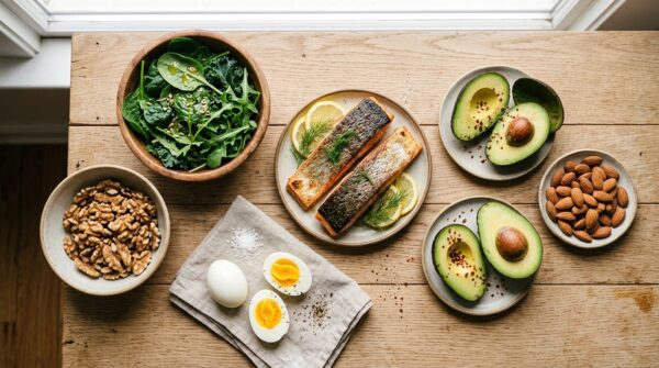 Bovenaanzicht van een houten tafel met verschillende gezonde voedingsmiddelen voor haargroei: eieren, walnoten, avocado, zalm en bladgroenten.